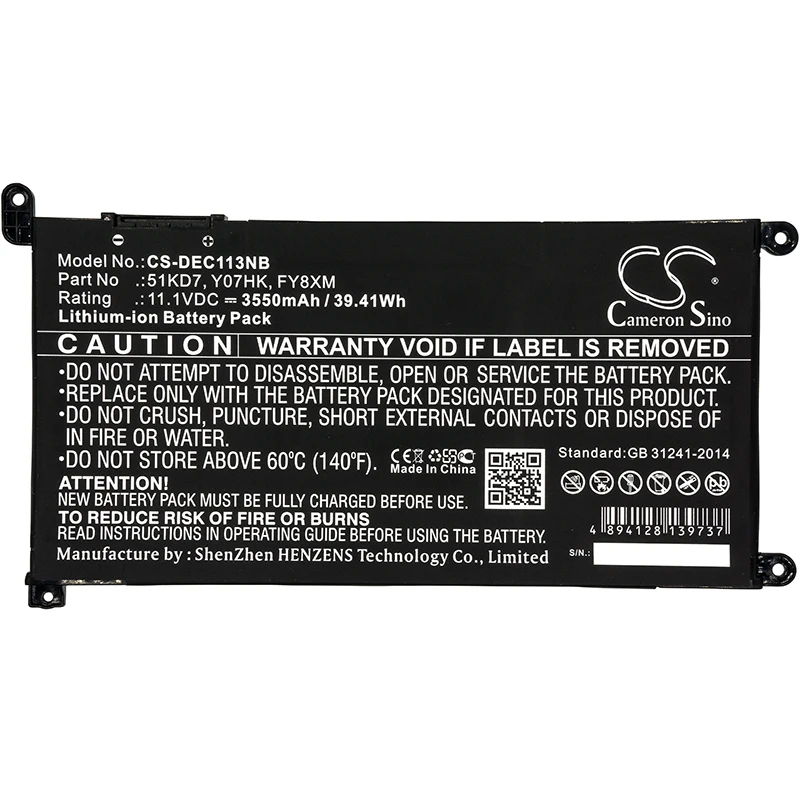 Аккумулятор Cameron sino для ноутбука DELL 51KD7 FY8XM Y07HK литий ионный аккумулятор 3550 мАч/39