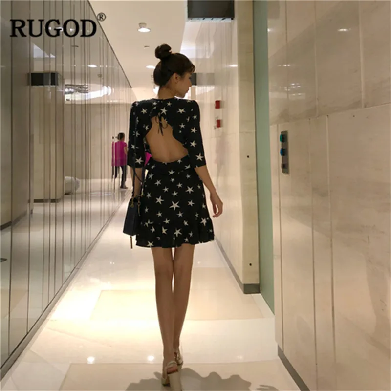 RUGOD 2019 Мини женское платье с открытой спиной Элегантные коротким рукавом