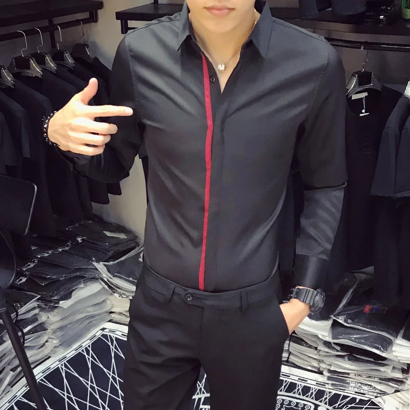 Корейский смокинг Мода Slim Fit простой рубашка Для мужчин с длинным рукавом осень