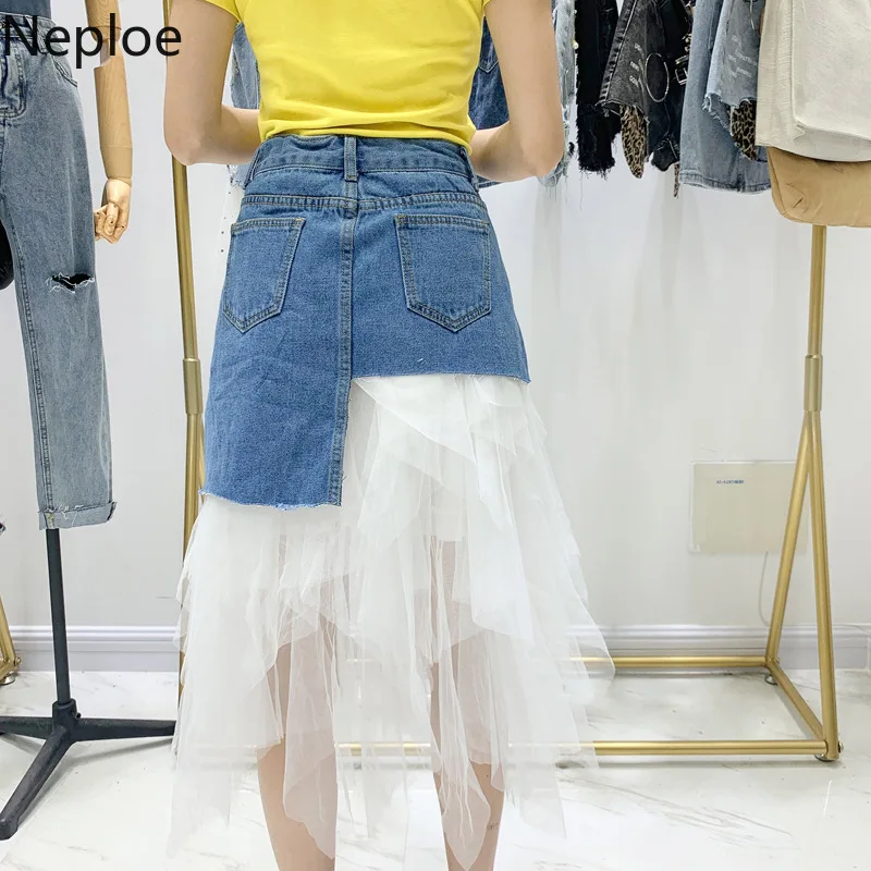 Neploe Irregular Denim Mesh Patchwork Skirts Women Fashion Button Fly Pockets Skirt Waist A-Line Jupe Femme 44101 | Женская одежда
