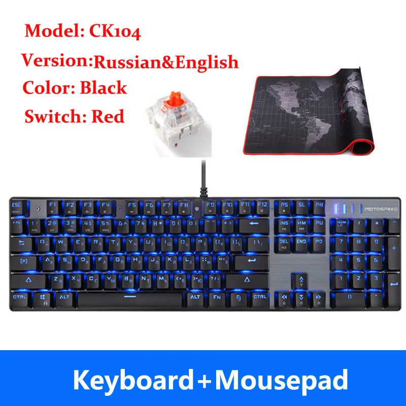 Russian Red Mousepad MOTOSPEED CK104 CK61 русская английская механическая клавиатура RGB подсветка анти-ореолы игровая клавиатура для Teclado игровой компьютер - Цвет: Russian Red Mousepad