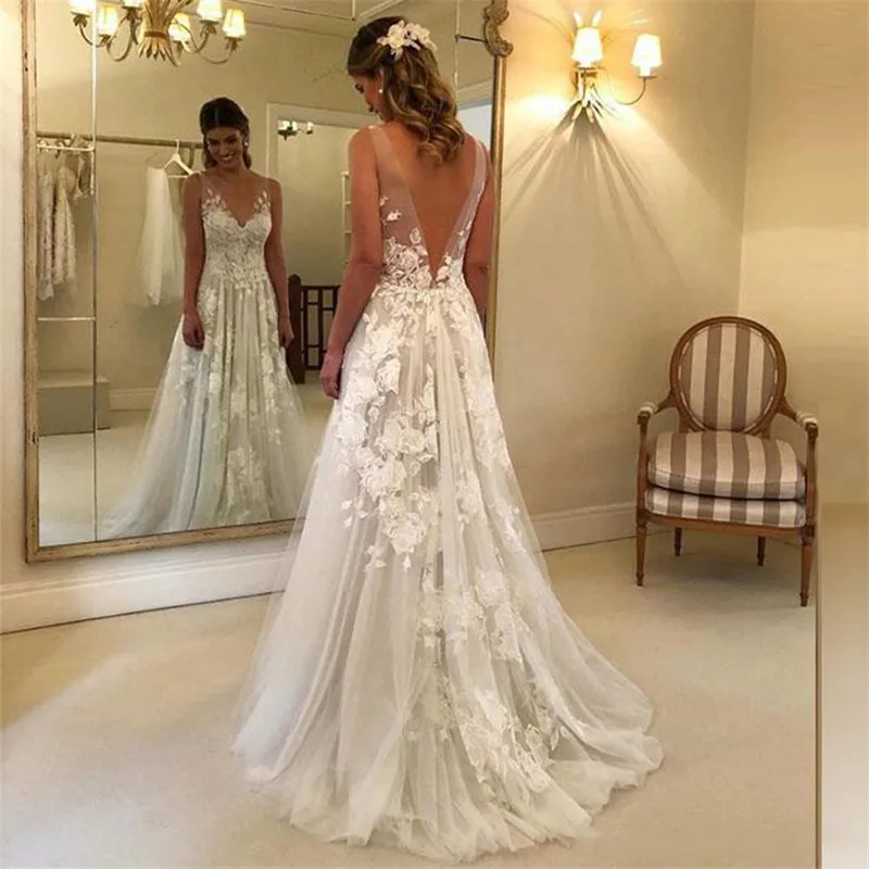 Vestido de noiva 2019 Большие размеры Свадебные платья Длинные V шеи невесты спинки