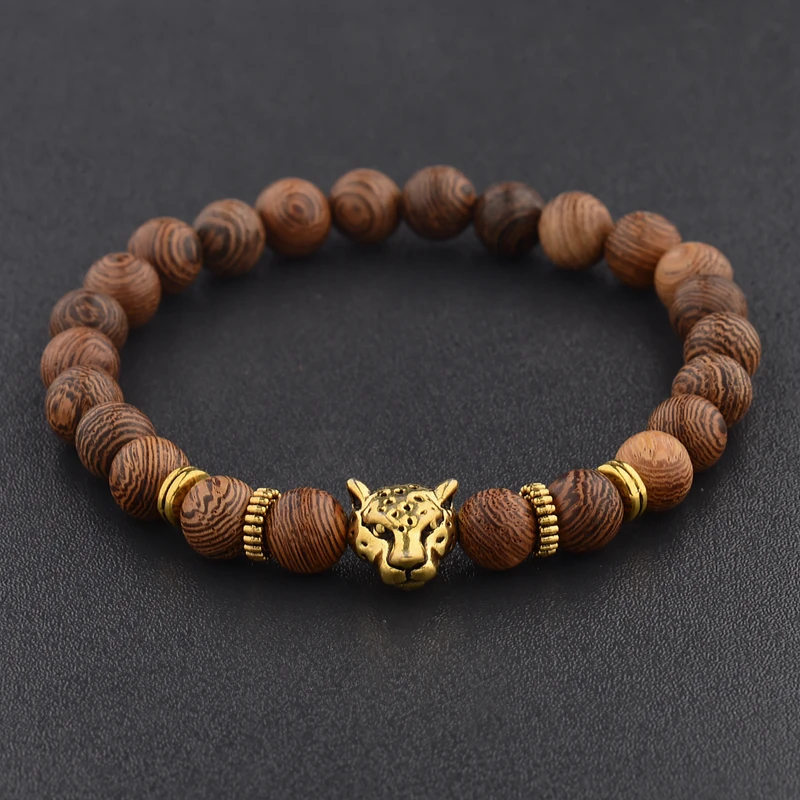 Men's Strand Bracelets Elastic Band Leopard head Wooden Beads Silver Color Buddha Beaded | Украшения и аксессуары