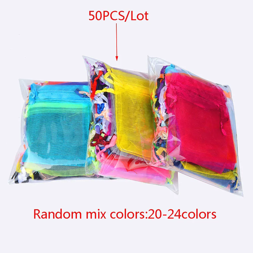 50 шт., 7x9, 9x12, 10x15, 13x18 см, сумки из органзы для упаковки ювелирных изделий, сумки для украшения свадебной вечеринки, сумки для подарков, 24 цвета