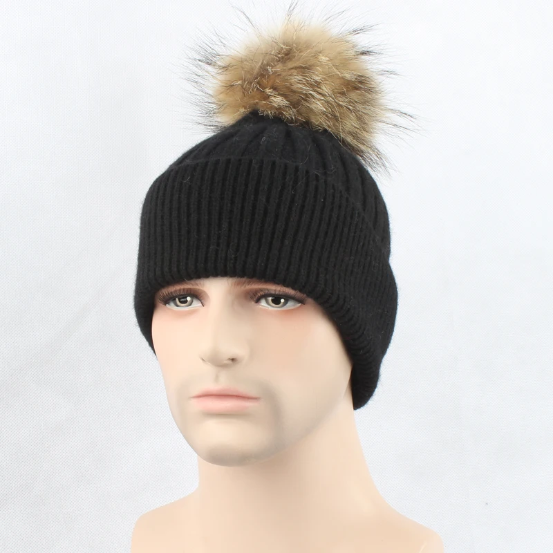 

High Quality Unisex Autumn winter knitted wool beanies hat natural fur pompom hats for women men solid colors ski gorros cap