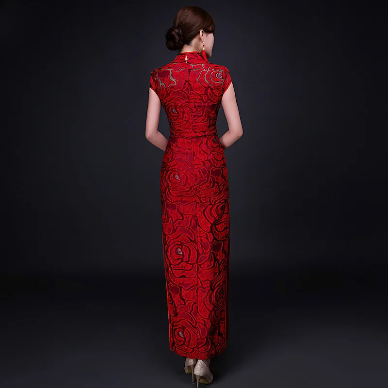 

Summer new Chinese Traditional Dress Red Cheongsam Bride Wedding Qipao Party Dress Women Long Slim rose pattern Cheongsam