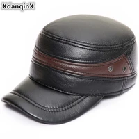 xdanqinx mens genuine leather hat autumn winter cowhide army military hats with ears middle aged earmuffs flat cap leather caps