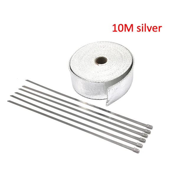 10M silver Alconstar-5M-15M мотоцикл Выхлопная обёрточная бумага трубный коллектор Тепловая обертка турбо Mainfold Тепловая выхлопная Тепловая обертка лента из нержавеющей стали галстук - Color: 10M silver