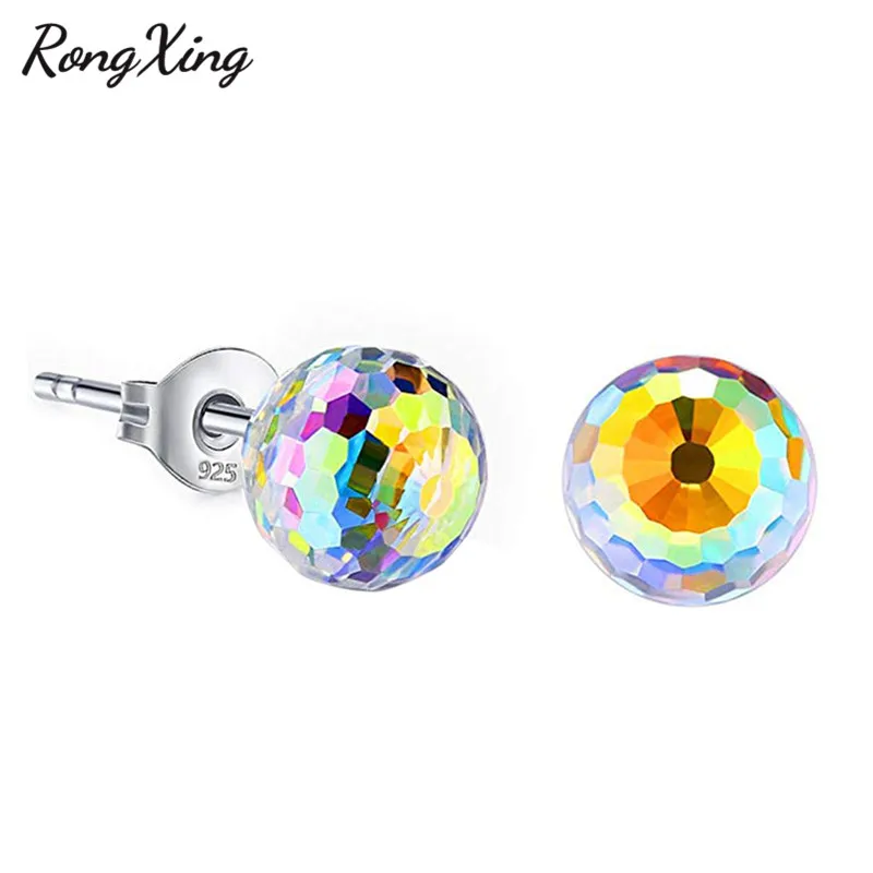 Rainbow RongXing мистические Разноцветные серьги-гвоздики с хрустальными шариками для женщин, 925 серебряные серьги с радужным цирконием, свадебные ювелирные изделия - Окраска металла: Rainbow