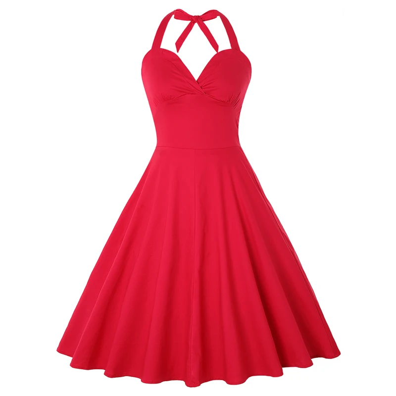 Red Vintage Sexy Halter Party Dress Women Summer Pin Up Cotton Hepburn Style Big Swing Rockabilly Dresses Plus Size 4XL Vestidos