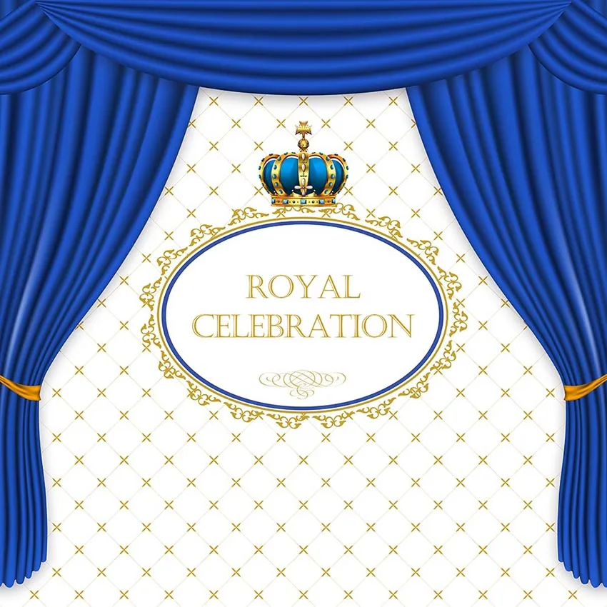 

Ivory Color Customized Birthday Backdrop Printed Blue Curtain Gold Royal Crown Prince Baby Boy Party Photo Booth Background