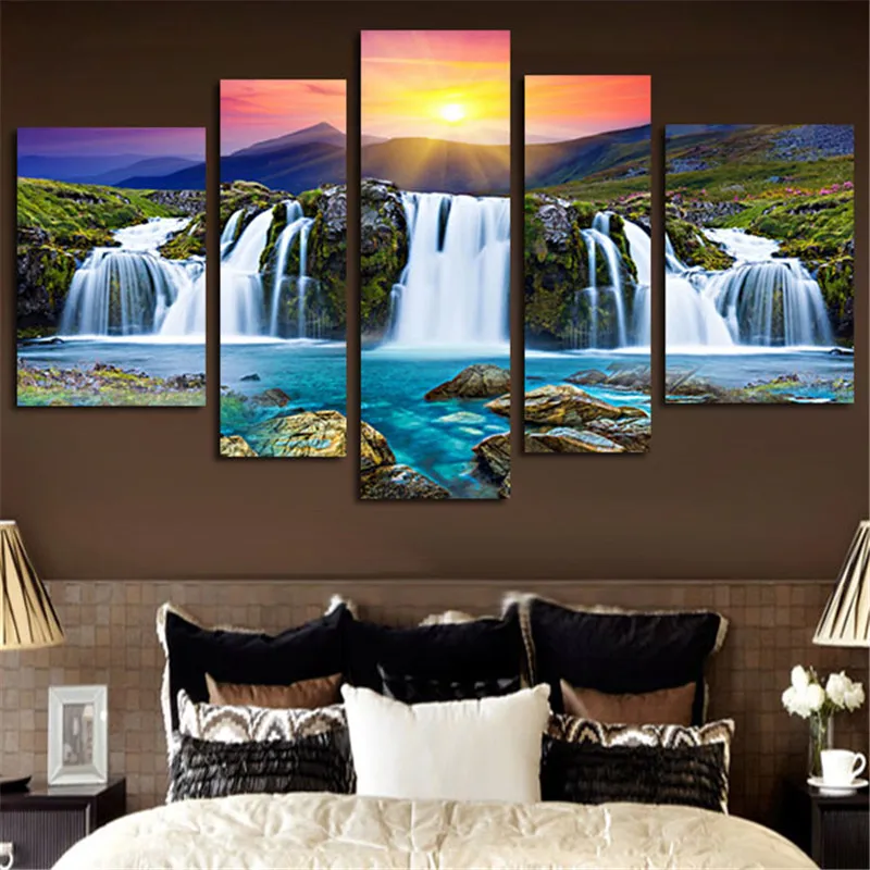 5 панельных холщовых стен водопад восход пейзаж живопись декоративный фон для