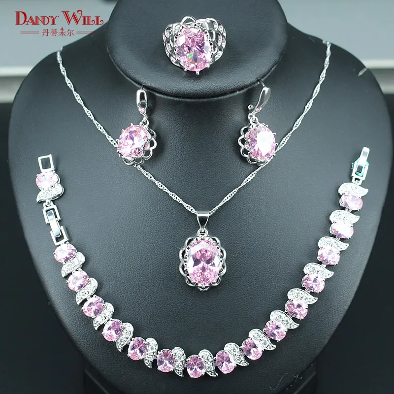 Hot Sale Pink Bridal Jewelry Sets For Women Gift 925 Silver Color Necklace/Earrings/Pendants/Bracelet/Ring Free Shipping | Украшения и