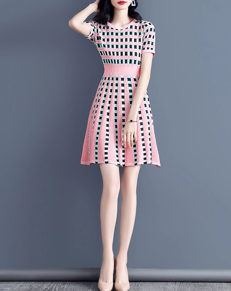 Летнее платье с длинным рукавом с короткими рукавами и свитером Bohemia Pink Knit Dress Большое эластичное сексуальное женско