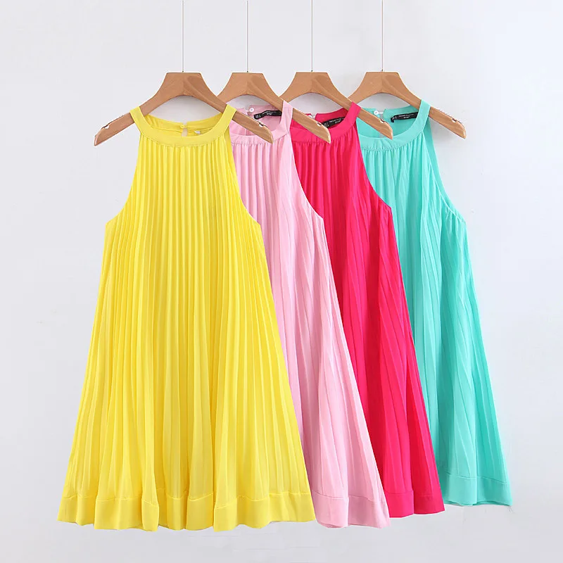 Новое летнее женское милое желтое плиссированное платье без рукавов с оборками