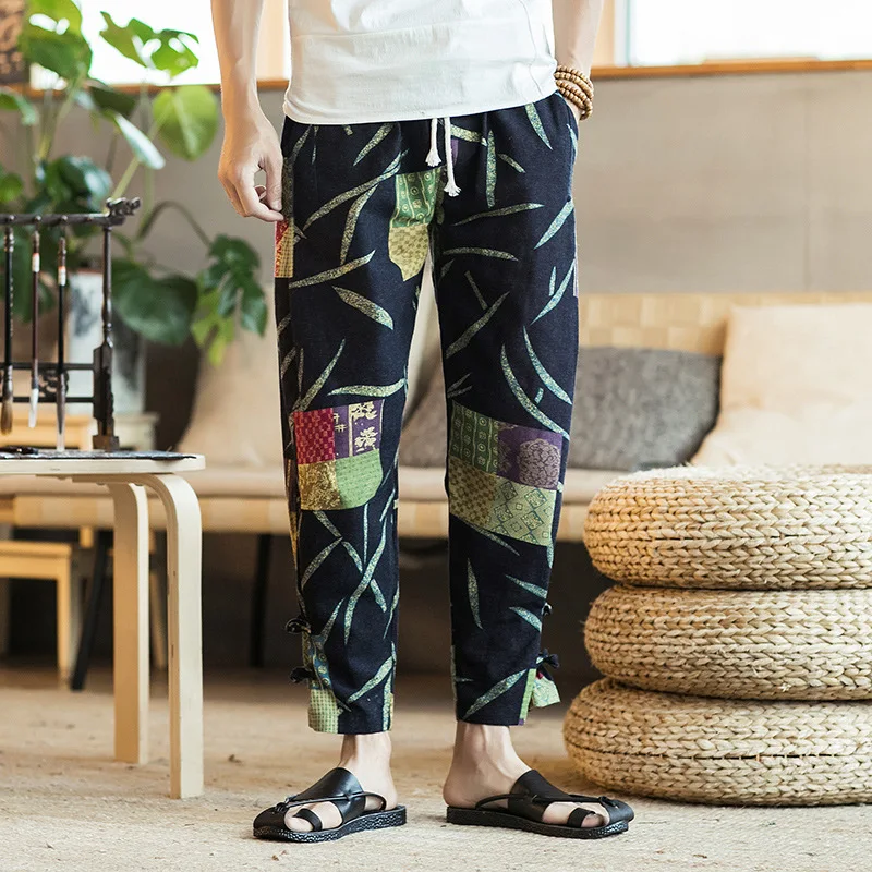 Navy Pants Размера плюс повседневные мужские штаны в китайском стиле с этническим принтом, хлопковые свободные брюки с эластичной резинкой на талии, мужские Модные Штаны-шаровары - Цвет: Navy Pants
