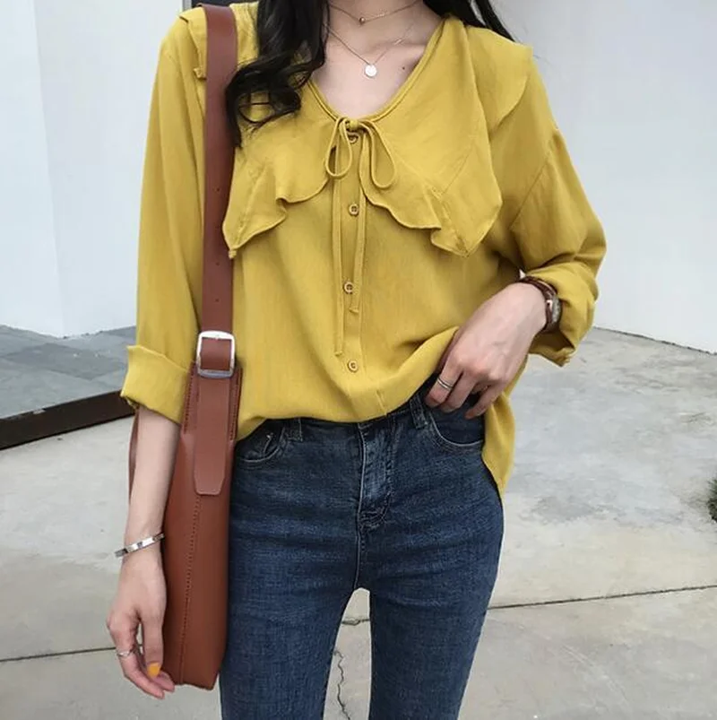 

2019 Spring Summer Chic Blouse Shirts Women Korean Loose Ruffled Long Sleeve Solid Color Blusa Female Casual Oversized Shirt Top