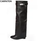 Женские высокие сапоги до колена Carpaton, черные кожаные сапоги с острым носком, увеличивающие рост, с замком акулы, для верховой езды, 2019