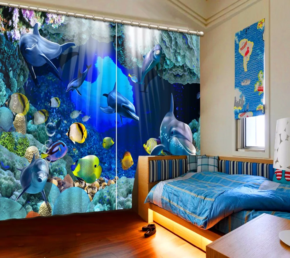 

3D Curtain Home Bedroom Decoration Blue Underwater World Dolphin Fish Coral 3D Photo Window Curtain Decorative Door Curtain