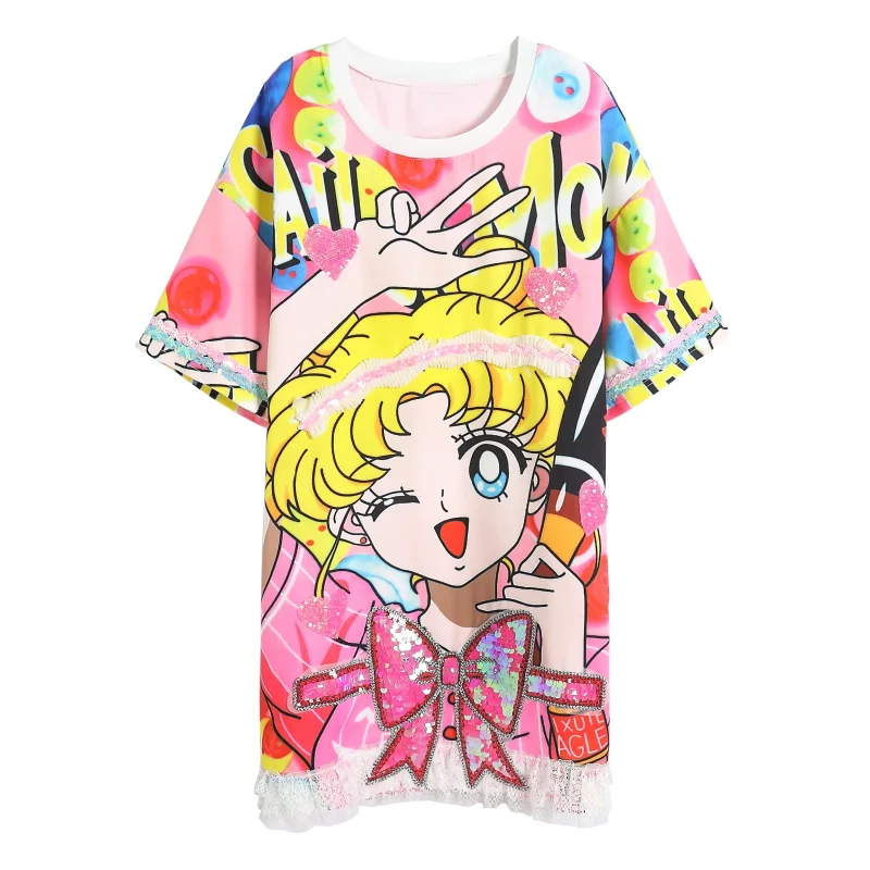 Новинка; летняя свободная футболка с милым принтом «cartoo Sailor Moon»; модная Асимметричная короткая футболка с кисточками для отдыха; сезон лето