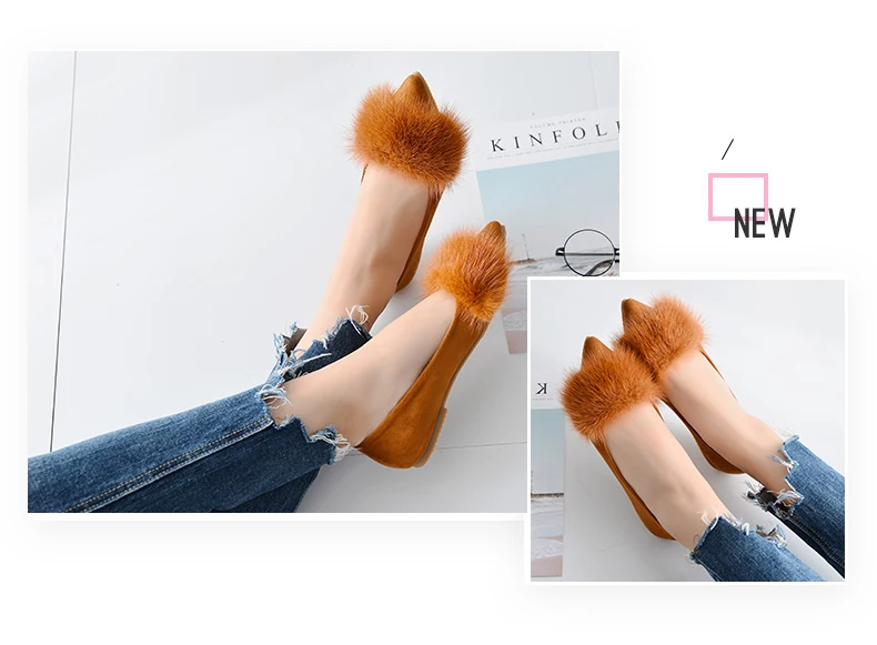 Luxury designer mink hair pointed toe creepers flats shoes high quality flock ballet flats women cozy moccasins big size 34-41