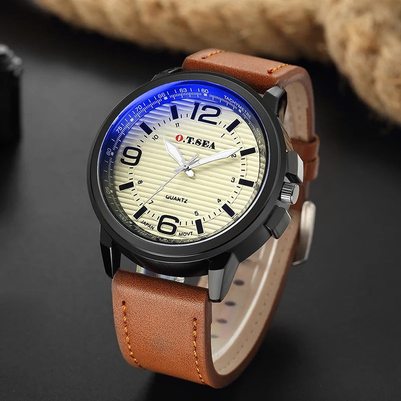 Luxury O.T.SEA Brand Blue Ray Glass Leather Watches Men Fashion Casual Sport Quartz Wristwatches 1213 | Наручные часы