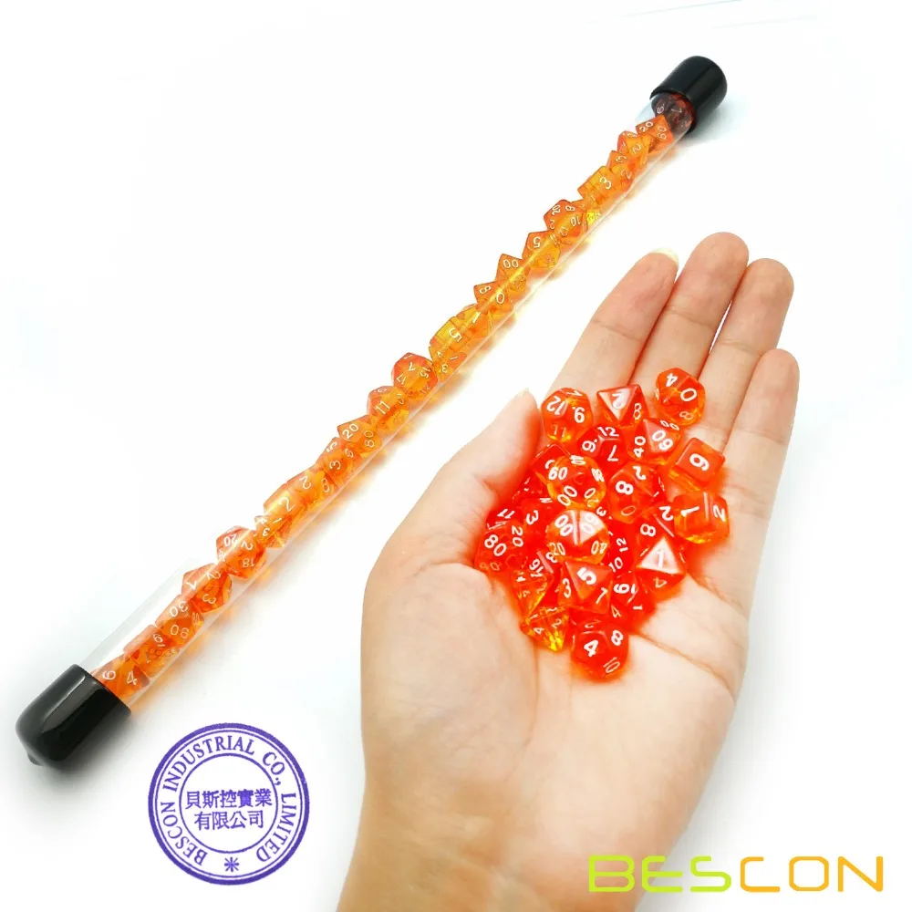 Bescon 28 шт. прозрачный оранжевый мини многогранные кости набор в трубе, Подземелья и Драконы RPG 4X7 шт., мини игральная кость из драгоценного камня набор