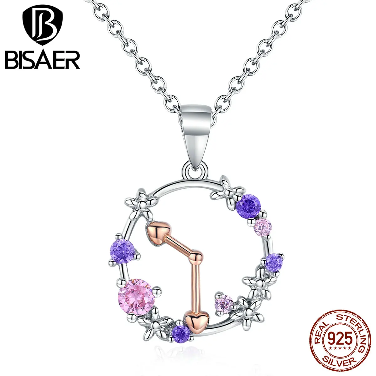 BISAER трендовые 925 пробы серебряные кулоны-часы ожерелья для женщин прозрачный Циркон серебряные ювелирные изделия воротник EFN029
