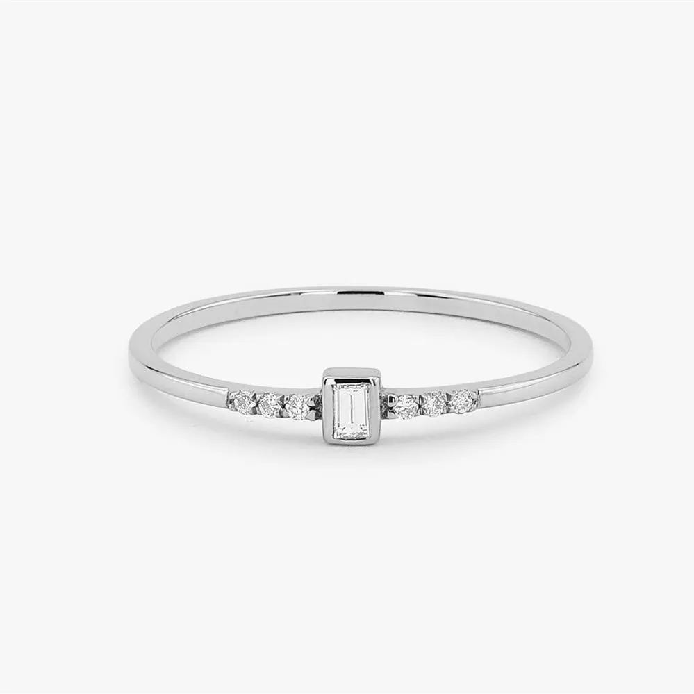 

LASAMERO Baguette & Round Cut 0.10CTW Natural Diamond 14k Gold Delicate Stack Ring Dainty Luck Ring Gift For Her 1pc