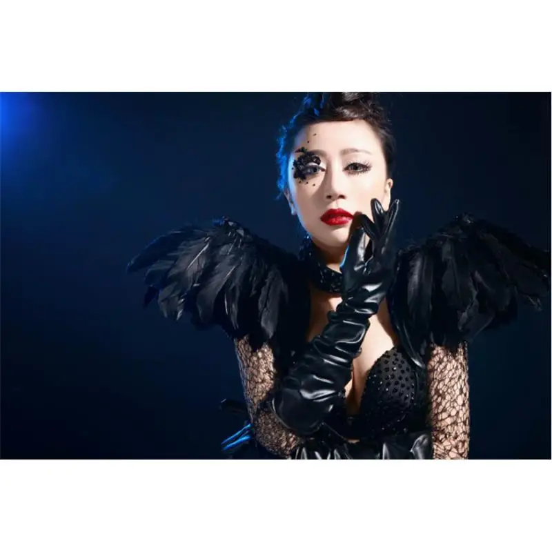 Костюм с черными перьями кожаный боди модная цельный сетчатый костюм для ночного