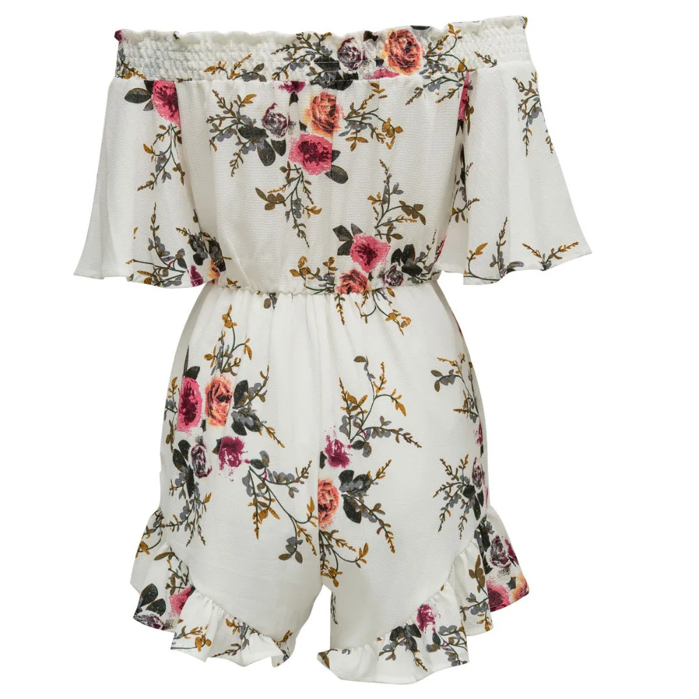 Женский сексуальный белый летний комбинезон с цветочным принтом и открытыми