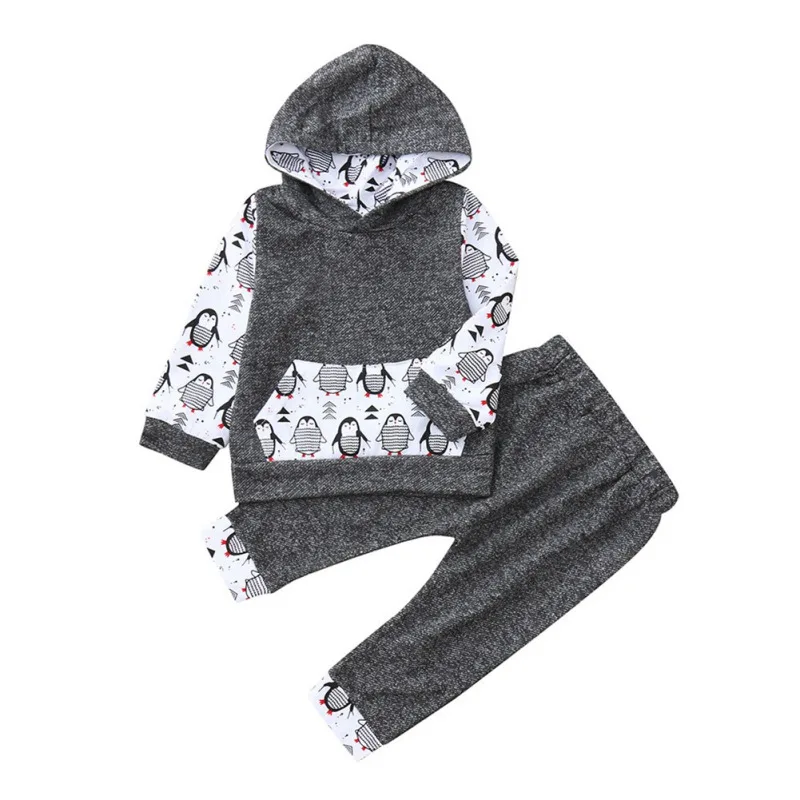 Infants Baby Clothes Set 2019 Spring Clothing Cartoon Penguin Print Cotton Hoody Sweater Pant 2 Pieces Suit For Newborn |