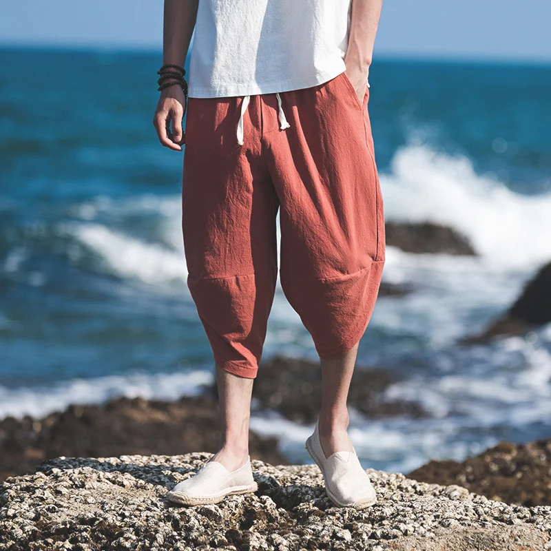 Мужские летние широкие шаровары в китайском стиле свободные укороченные брюки