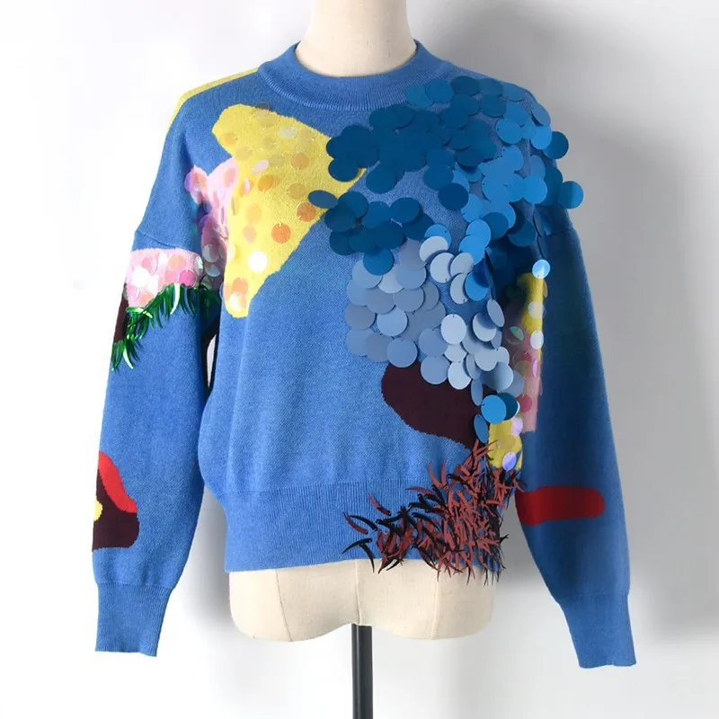 2020 Spring New Fashion Women Short Sweaters Full Sleeve O-Neck Sequined Blue Pullovers Computer Knitted Pageant | Женская одежда