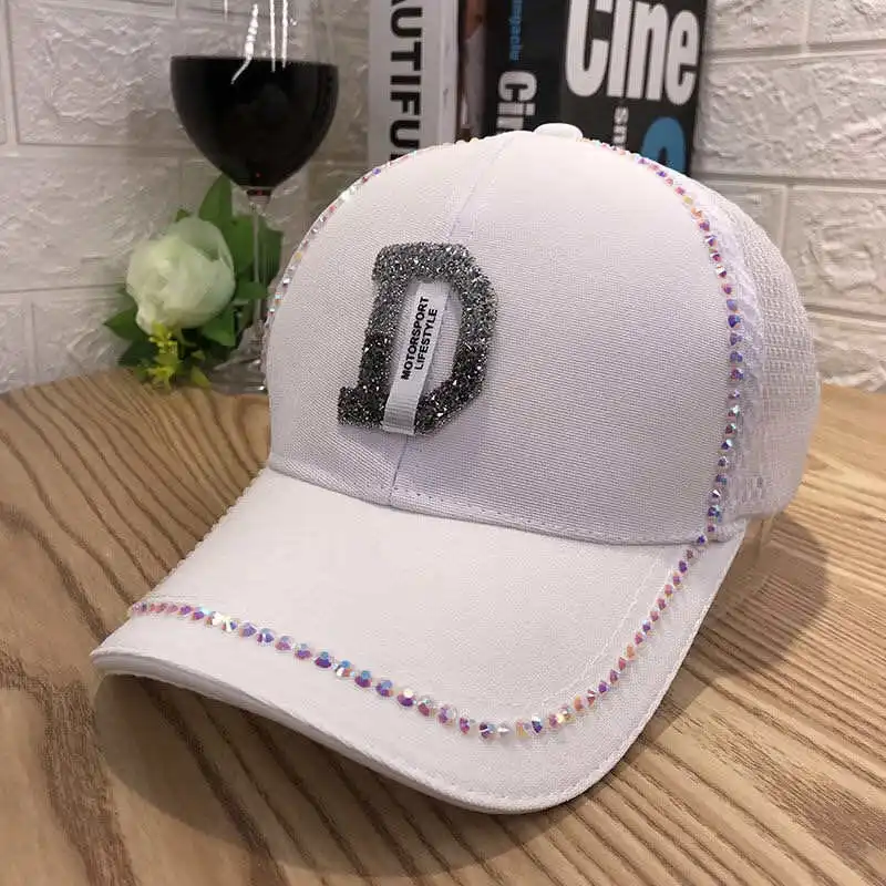 Mesh D white SMTZZJ Роскошные модные милые белые женские летние бейсболки с буквенным принтом и стразами в стиле хип-хоп, уличная одежда для девочек, шапки - Цвет: Mesh D white