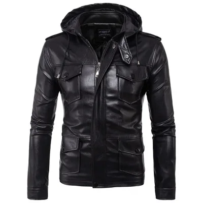 

Fashion Leather Jacket Men Black PU Leather Hat Coat Rock Men Clothes 2019