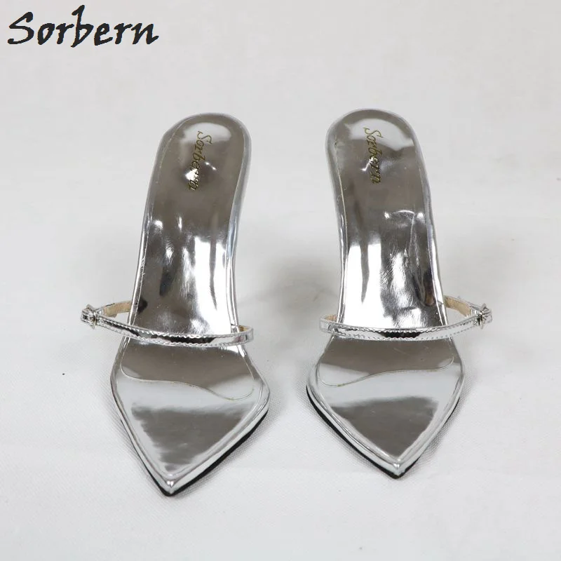 Sorbern/новые серебристые шлепанцы на каблуке 12 см, 14 см, 16 см женские пряжки на тонких ремешках, изготовленные на заказ, серебряные женские шлепанцы, вечерние туфли
