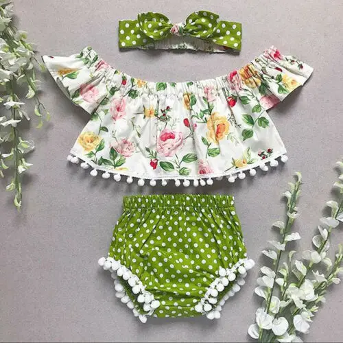 Одежда для маленьких девочек с цветочным принтом футболка + шорты повязка на