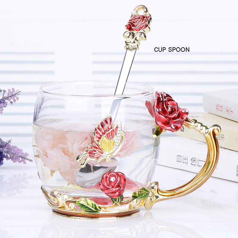 320 cup spoon YRP эмалированная чашка набор термостойкого стекла покрытая чашка креативная мини ароматическая красная роза эмалированная стеклянная кофейная чашка - Цвет: 320 cup spoon