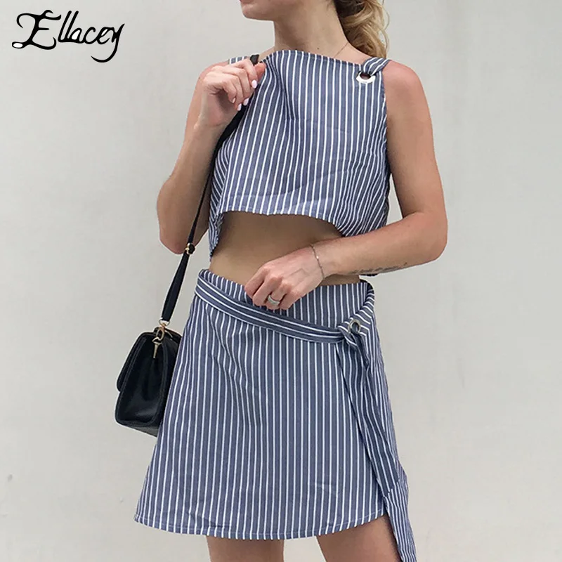Ellacey новинка 2019 полосатый жилет комплект из двух предметов женский короткий топ и