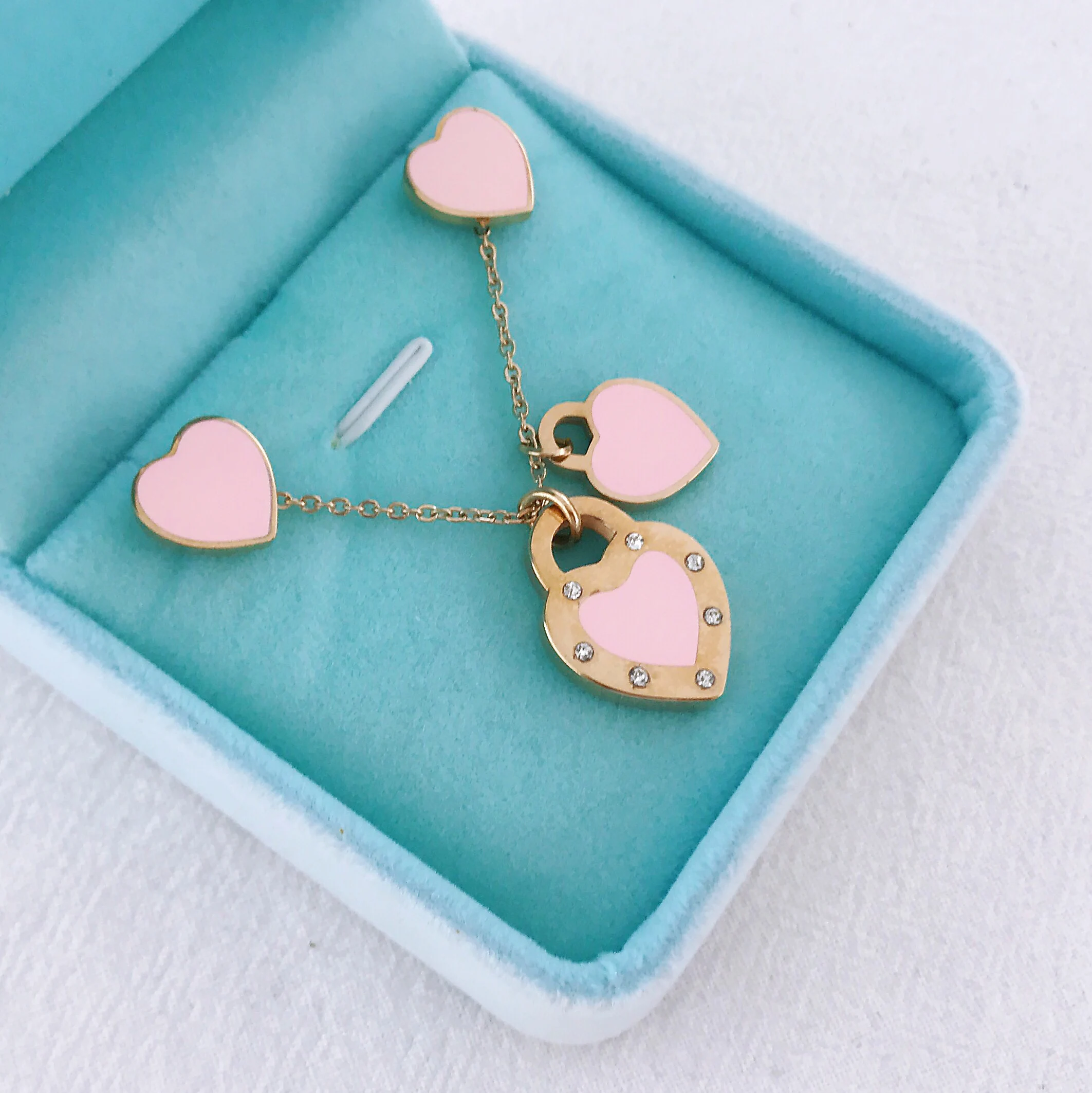 Новое поступление Любовь Двойное сердце Эмаль Ladie FOREVER LOVE ожерелье из нержавеющей стали набор серег ювелирные изделия оптом подарок для женщин