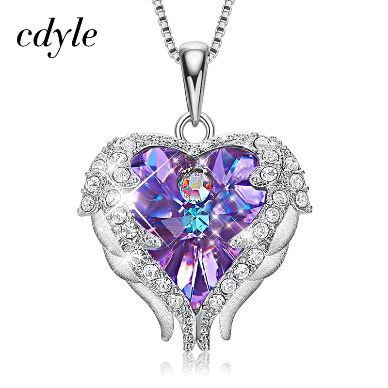 Cdyle высокое качество 925 пробы серебряные ювелирные изделия Модные женские 3 цвета Кристалл Крыло ангела с сердцем Подвески ожерелье - Окраска металла: Purple YP1440B-S