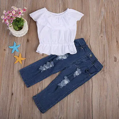 Baby Girl Kids Cute Ruffles Sleeve Summer Crop Tops Tank Top T-shirt Clothes+Jeans Pants 2pcs Outfit Set | Детская одежда и обувь