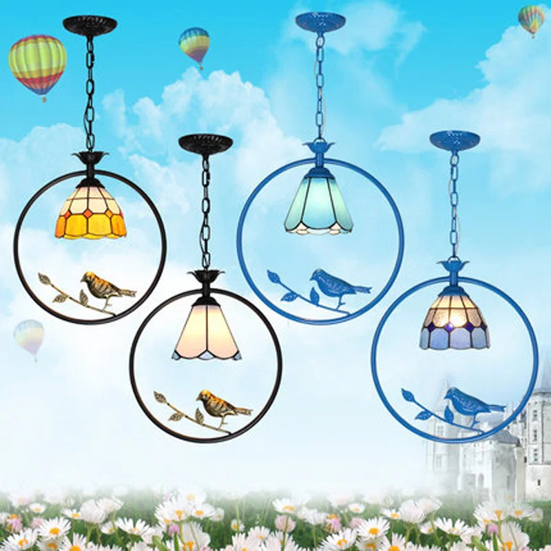 

American Country Style Tiffany Creative Simple Bird LED pendant lights, Glass+metal suspension hanging lamp luminaries lampshade