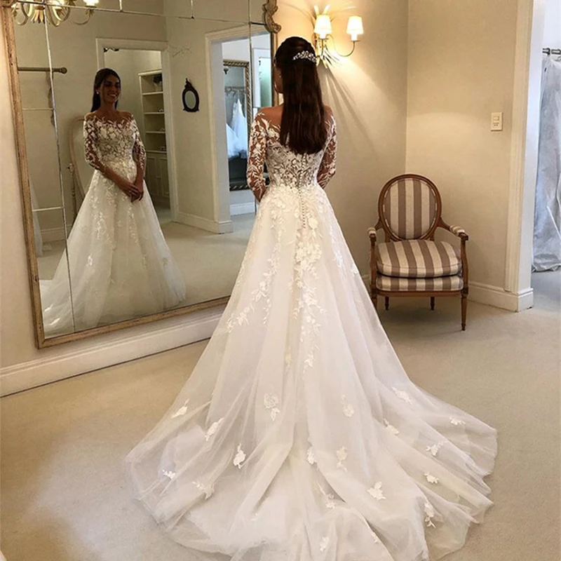 

Long Sleeve A Line Wedding Dress with Illusion Sheer Neckline Lace Appliqued Beaded Bridal Gown 2019 New