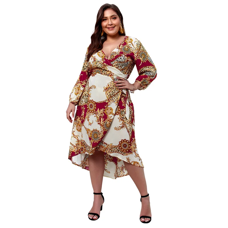 Women Dress Plus Size Fat Mm Large Spring Summer Nine-point Sleeve V-neck Print Lace Up A-line Midi Vestidos Office | Женская одежда