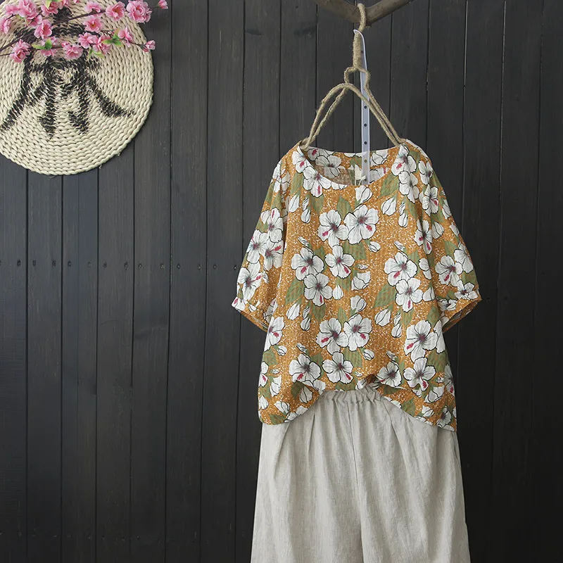 Women Shirt Floral Printed Ethnic Summer Clothes 2018 New Casual Short Sleeve Breathable Soft Cotton Linen Tops Ladies Blouse |