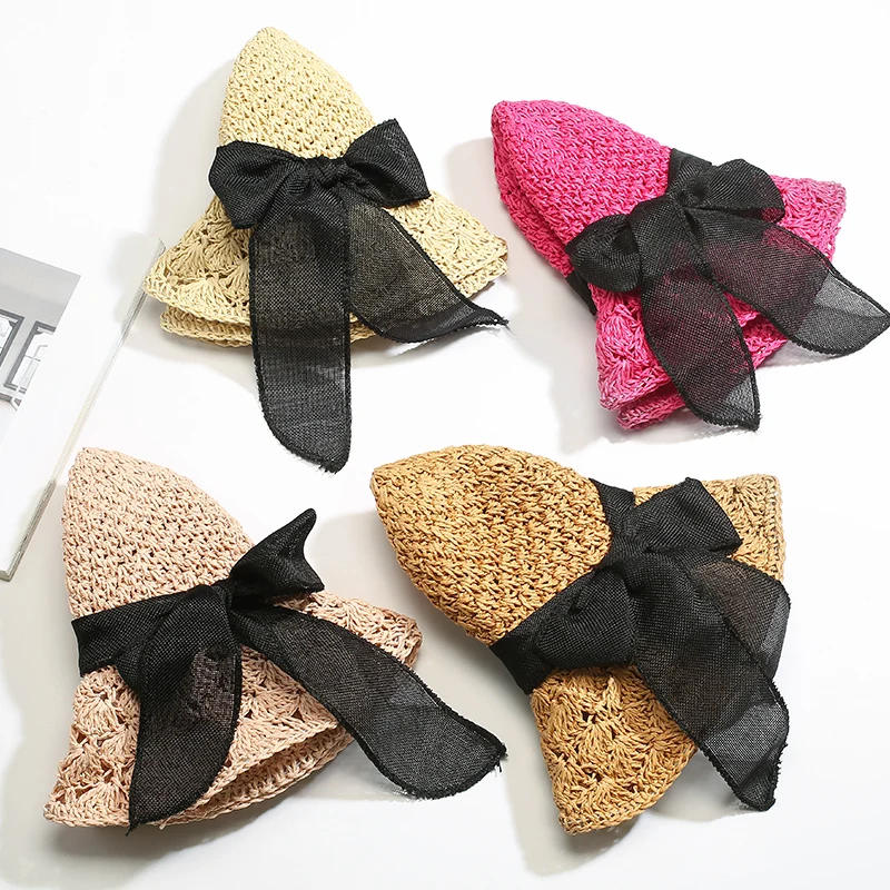 Женская соломенная шляпа с бантом летняя пляжная широкими полями и лентой