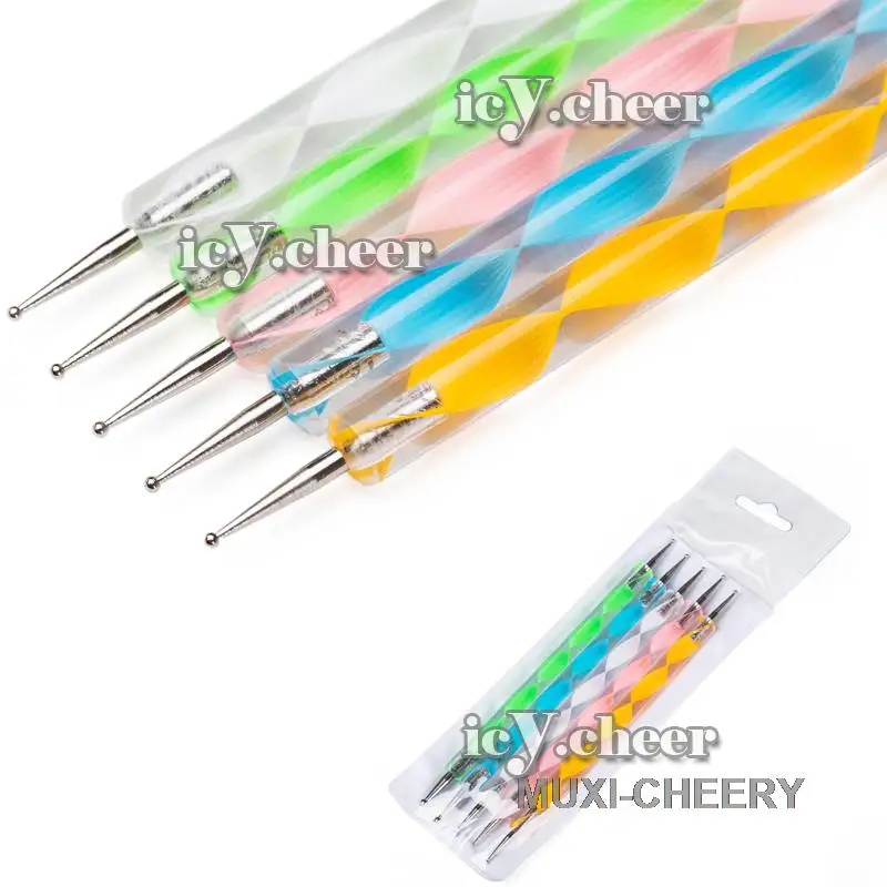 

5 x Nail Art Marbleizing Paint Dotting Pens 2 Way Manicure Tool Set Kit Design