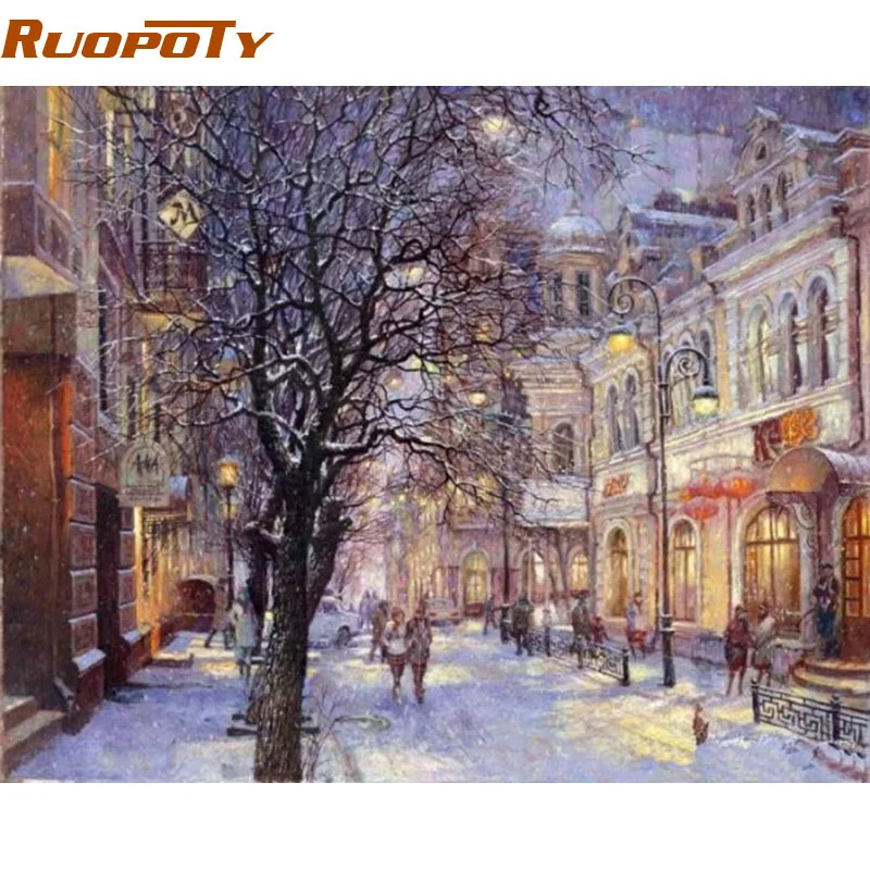 RUOPOTY рамка Рождественский пейзаж DIY живопись по номерам ручная роспись маслом